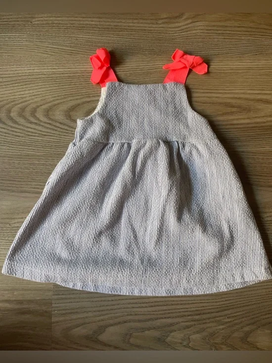 Girls Seersucker Stripe Dress with Coral Bow Straps - Picture 2 of 13